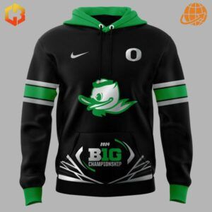 Black hoodie with green hood featuring Oregon Ducks logo and 2024 Big Ten Championship emblem.