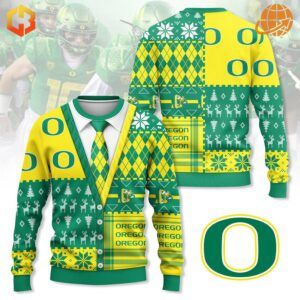 Oregon Ducks Christmas Sweater with green and yellow patchwork design, featuring team logos and holiday patterns.