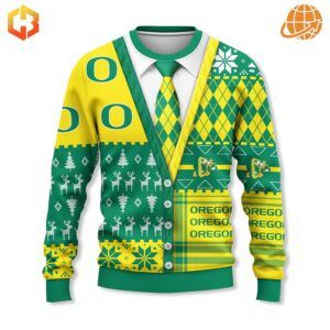 Oregon Ducks holiday sweater featuring a printed cardigan design with team logos and Christmas patterns in green and yellow.