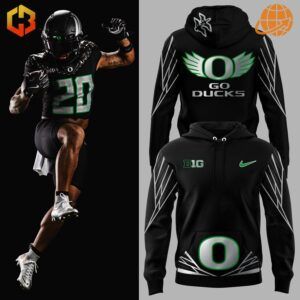 Oregon Ducks black football uniform next to matching black hoodie with team logos