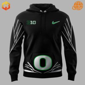 Black Oregon Ducks hoodie front view with large "O" logo and Nike swoosh