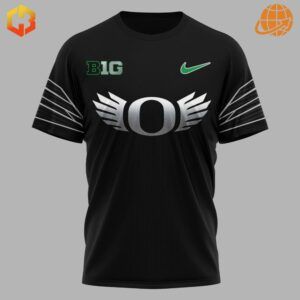 Black t-shirt with silver winged Oregon "O" logo, B1G conference logo, and Nike swoosh.