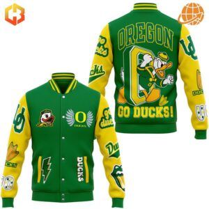 Front and back view of green and yellow Oregon Ducks Baseball Jacket featuring Duck mascot and team branding.