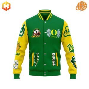 Close-up of Oregon Ducks Baseball Jacket front, showing green body, yellow sleeves, and multiple team logos.