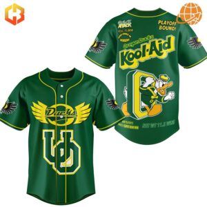 Front and back view of the Oregon Ducks Kool-Aid Baseball Jersey with green base color and bold yellow and white graphics.