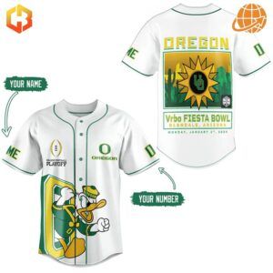 Oregon Ducks Vrbo Fiesta Bowl Baseball Jersey front and back views with mascot, bowl game graphics, and customization options