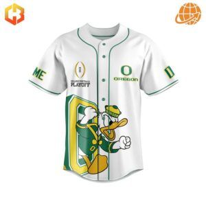 Front view of Oregon Ducks Vrbo Fiesta Bowl Baseball Jersey showcasing mascot graphic and playoff logos