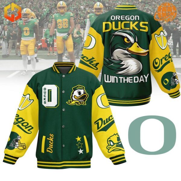 Oregon Ducks Win The Day Baseball Jacket with vibrant green and yellow design