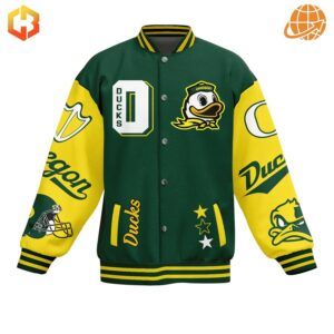 Front of Oregon Ducks Win The Day Baseball Jacket with Duck mascot and logo