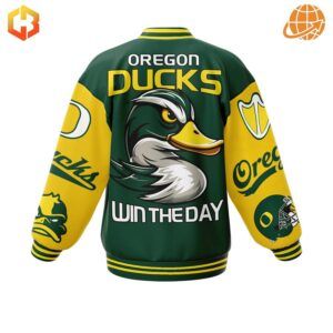 Back of Oregon Ducks Win The Day Baseball Jacket with 