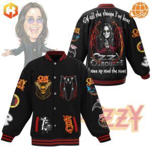 Black Ozzy Osbourne Baseball Jacket with front and back views displaying various rock-themed patches and artwork.