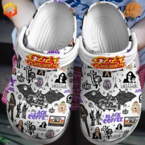 White Ozzy Osbourne Crocs Shoes with intricate rock-themed collage design.