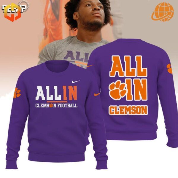 Pullover sweater with Clemson Tigers logo and 'All In' slogan for fans