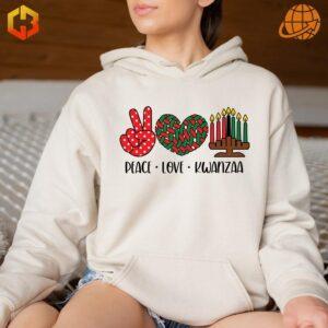 Festive Kwanzaa apparel featuring a kinara and peace symbol.