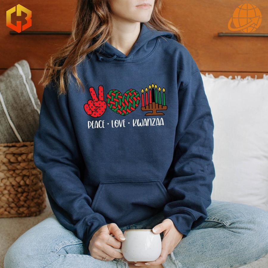 A festive Kwanzaa hoodie featuring a kinara and the phrase "Peace Love Kwanzaa."
