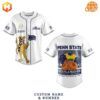 White Penn State baseball jersey with Nittany Lion mascot and Peach Bowl logo