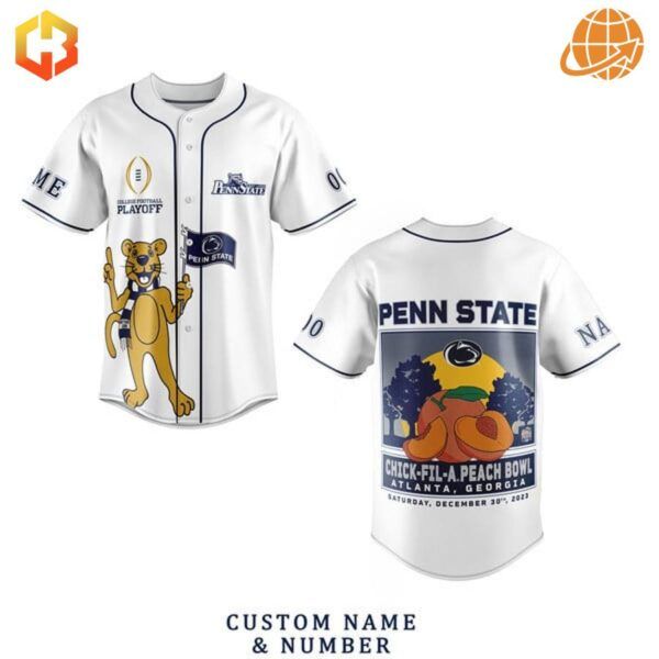 White Penn State baseball jersey with Nittany Lion mascot and Peach Bowl logo