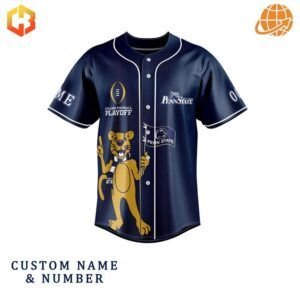 Penn State Nittany Lions navy blue baseball jersey with mascot on front and Peach Bowl logo on back