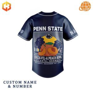 Front view of Penn State navy baseball jersey with Nittany Lion mascot and logos