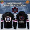 Philadelphia 76ers 2024 Firefighter Appreciation Night Hoodie front and back views on black background with event title.