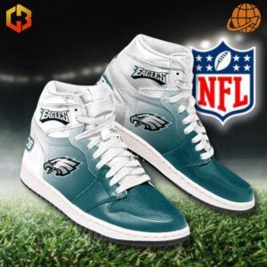 Philadelphia Eagles-themed Air Jordan 1 sneakers showcasing bold team branding