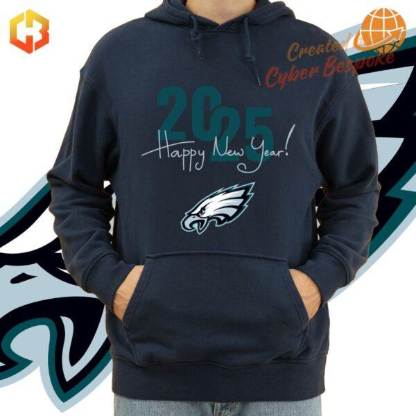 Philadelphia Eagles Happy New Year 2025 Hoodie in midnight green and silver with team logo