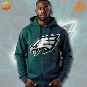 Philadelphia Eagles zip-up hoodie with bold 3D logo design in green and navy, featuring a spacious front pocket and adjustable hood.