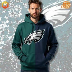 Close-up of a Philadelphia Eagles hoodie, showing the vibrant dye-sublimation printed logo and soft fabric.