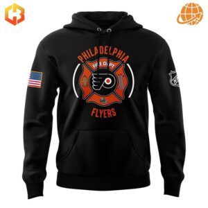 Front view of the Philadelphia Flyers 2024 Firefighter Appreciation Night Hoodie displaying the logo and firefighter elements.