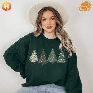 Deep green Pine-tree Christmas Sweatshirt with festive tree design.