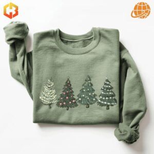 Forest green Pine-tree Christmas Sweatshirt with festive tree design.