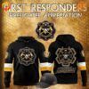 Front view of the Pittsburgh Penguins 2024 Firefighter Appreciation Night Hoodie with firefighter emblem.