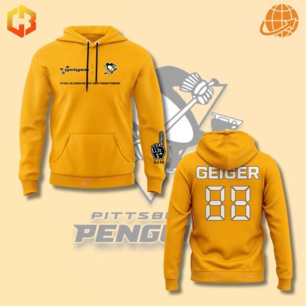 A yellow hoodie with black and white Pittsburgh Penguins and John Geiger branding.