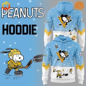 Pittsburgh Penguins Peanuts Snoopy Night Hoodie design with team logo and Snoopy playing hockey.