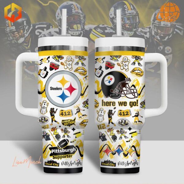 Pittsburgh Steelers NFL Stanley Tumbler with team logo, helmet, and various Pittsburgh-themed icons.