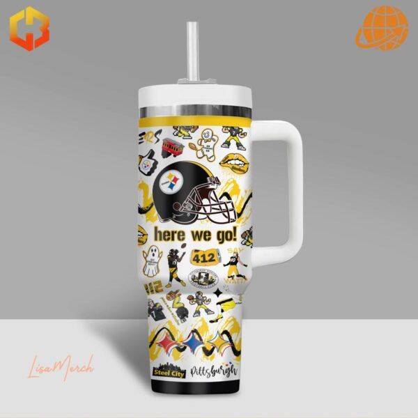 Back view of Pittsburgh Steelers NFL Stanley Tumbler showing Steelers helmet and "here we go!" text.