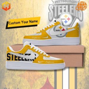 Custom Pittsburgh Steelers Nike Air Force 1 sneakers with black, gold, and white design featuring the team logo.