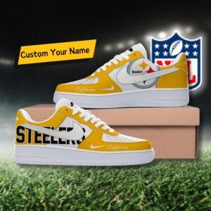 Nike Air Force 1 shoes inspired by the Pittsburgh Steelers with bold team colors and detailing