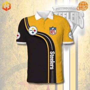 Black and gold Pittsburgh Steelers polo shirt with embroidered team logo.