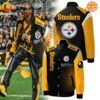 Black and gold Pittsburgh Steelers baseball jacket with Snoop Dogg logo