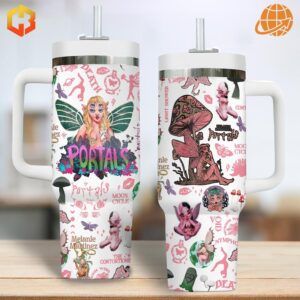 Two white Portals Melanie Martinez Tumblers 40oz with colorful artwork displaying fairy characters and fantastical elements.