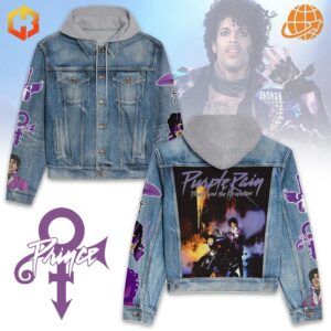 Purple Rain Prince Hooded Denim Jacket with album cover print and purple accents