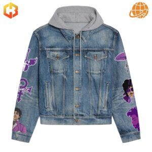 Detailed view of Iowa Purple Rain Prince Hooded Denim Jacket showing Prince-inspired graphics