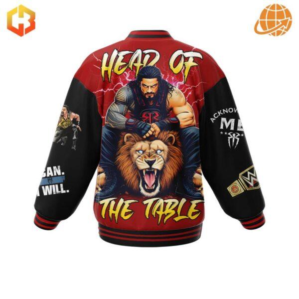 Back view of the Roman Reigns Head Of The Table Baseball Jacket with Roman Reigns graphic and lion.