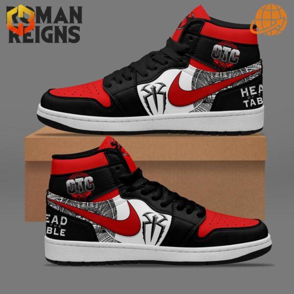 Roman Reigns OTC Air Jordan 1 Shoes in black and red with custom graphics and Nike Swoosh.