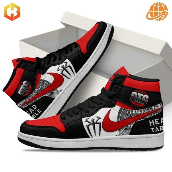 Roman Reigns OTC Air Jordan 1 Shoes in open box, showing side profile with custom graphics and logos.