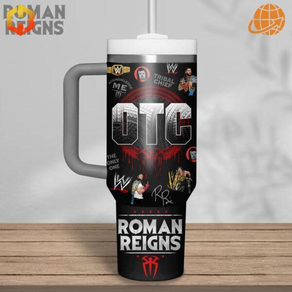 Close-up of Roman Reigns OTC WWE Stanley Tumbler showing front design with "OTC" logo and WWE graphics.