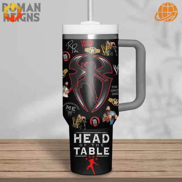 Roman Reigns OTC WWE Stanley Tumbler displaying reverse side with silhouette logo and "Head of the Table" text.