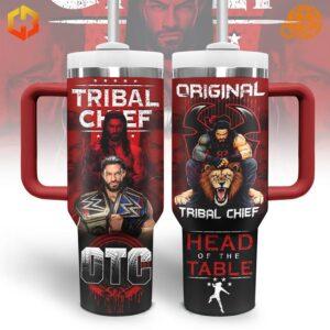 Close-up of Roman Reigns Tribal Chief OTC Stanley Tumbler main design with portrait and text.