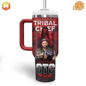 Roman Reigns Tribal Chief OTC Stanley Tumbler with dual-sided design featuring wrestler imagery and text.